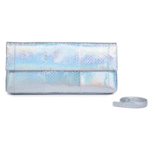 Auth Brand New Nancy Gonzalez GENUINE PYTHON silver mirror Gotham clutch + strap - Picture 1 of 14